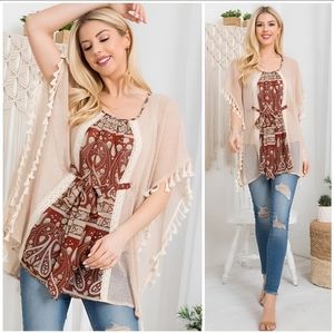 Bohemian Paisley Print Crochet Top Brick Taupe Tassel Fringe